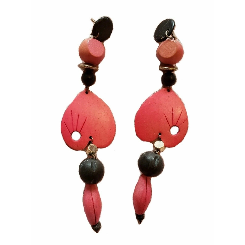 Vtg 80’s Red Black Muted Gold Abstract Cutout Wood Drop Post Back Earrings Boho